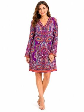 Laundry by Shelli Segal Purple Paisley Print Shift Dress Long Sleeve Boho Mod M